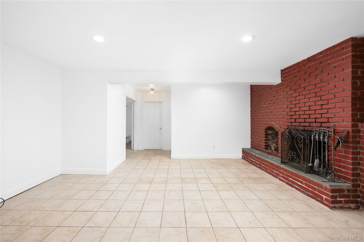 Empty room, Fireplace, Interior, Recessed Lighting, Stone Walls