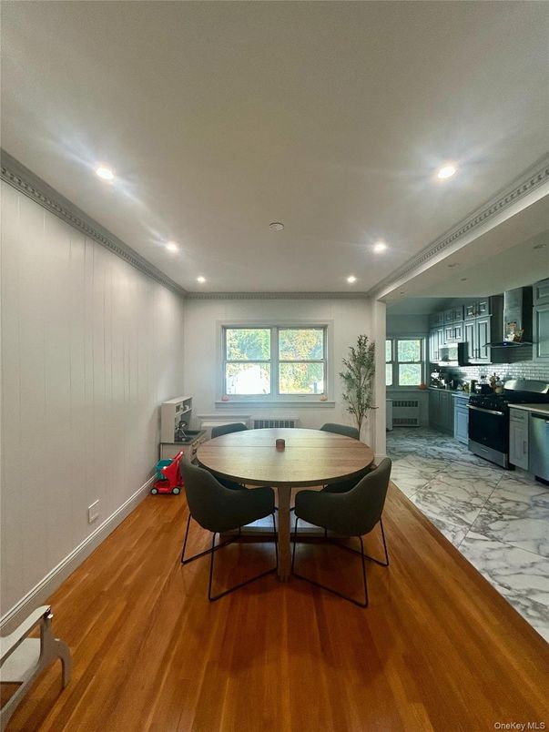 Dining room, Interior, Kitchen, Marble, Recessed Lighting, Wood Texture Flooring