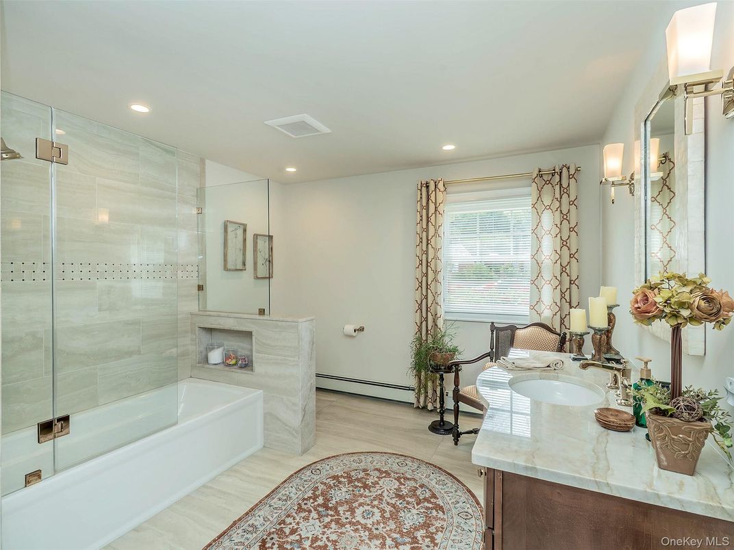 Bathroom, Glass Shower, Interior, Recessed Lighting, Wood Texture Flooring