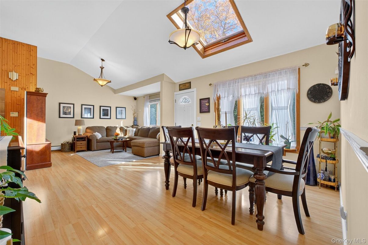 Dining room, Interior, Living room, Pendant Lights, Wood Texture Flooring