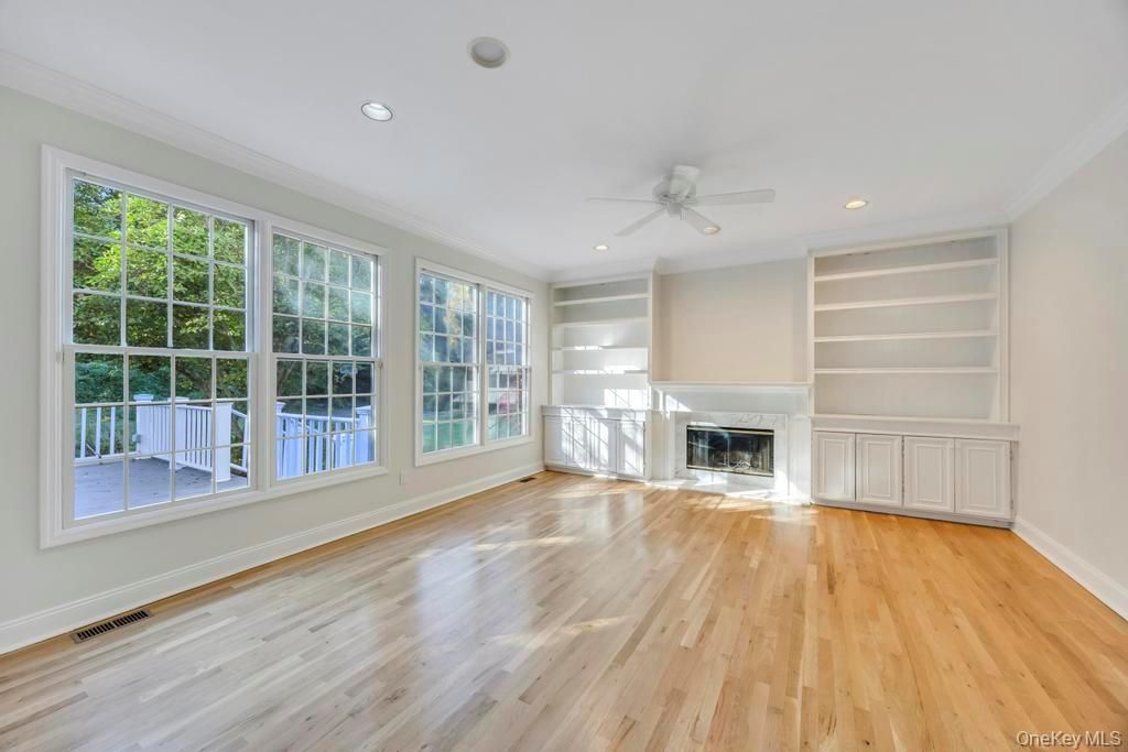 Empty room, Fireplace, Interior, Recessed Lighting, Wood Texture Flooring