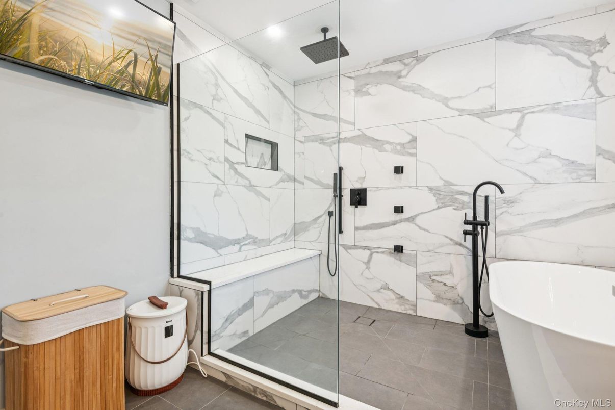 Bathroom, Free Standing Baths, Glass Shower, Interior, Marble Walls, Recessed Lighting
