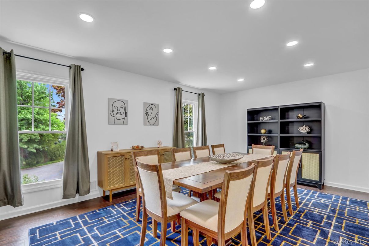 Dining room, Interior, Recessed Lighting, Wood Texture Flooring