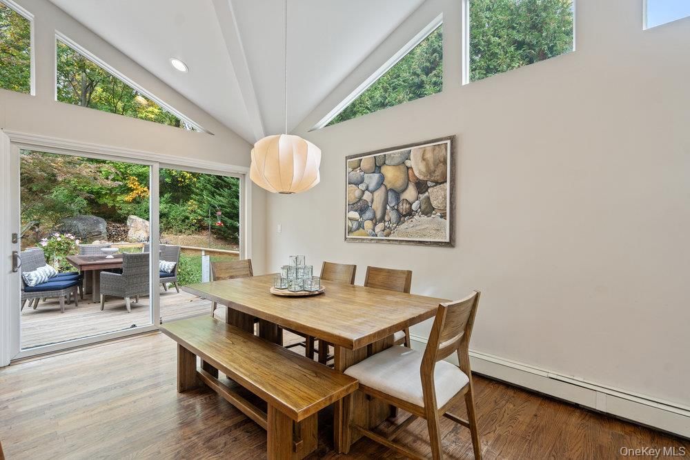 Dining room, Interior, Pendant Lights, Recessed Lighting, Wood Texture Flooring