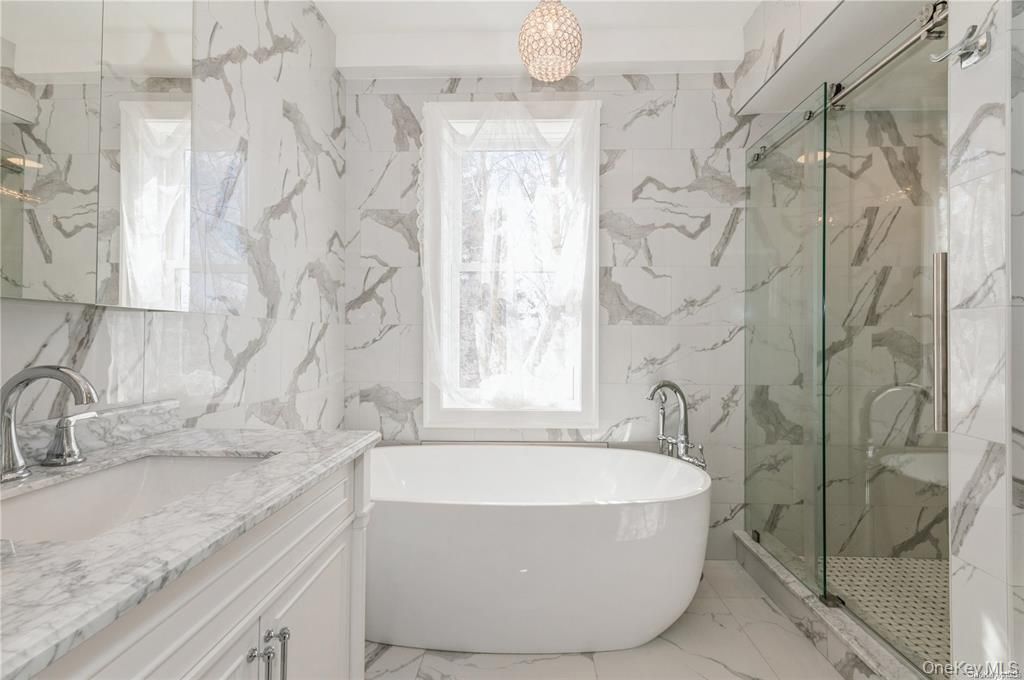 Bathroom, Free Standing Baths, Glass Shower, Interior, Marble, Marble Walls