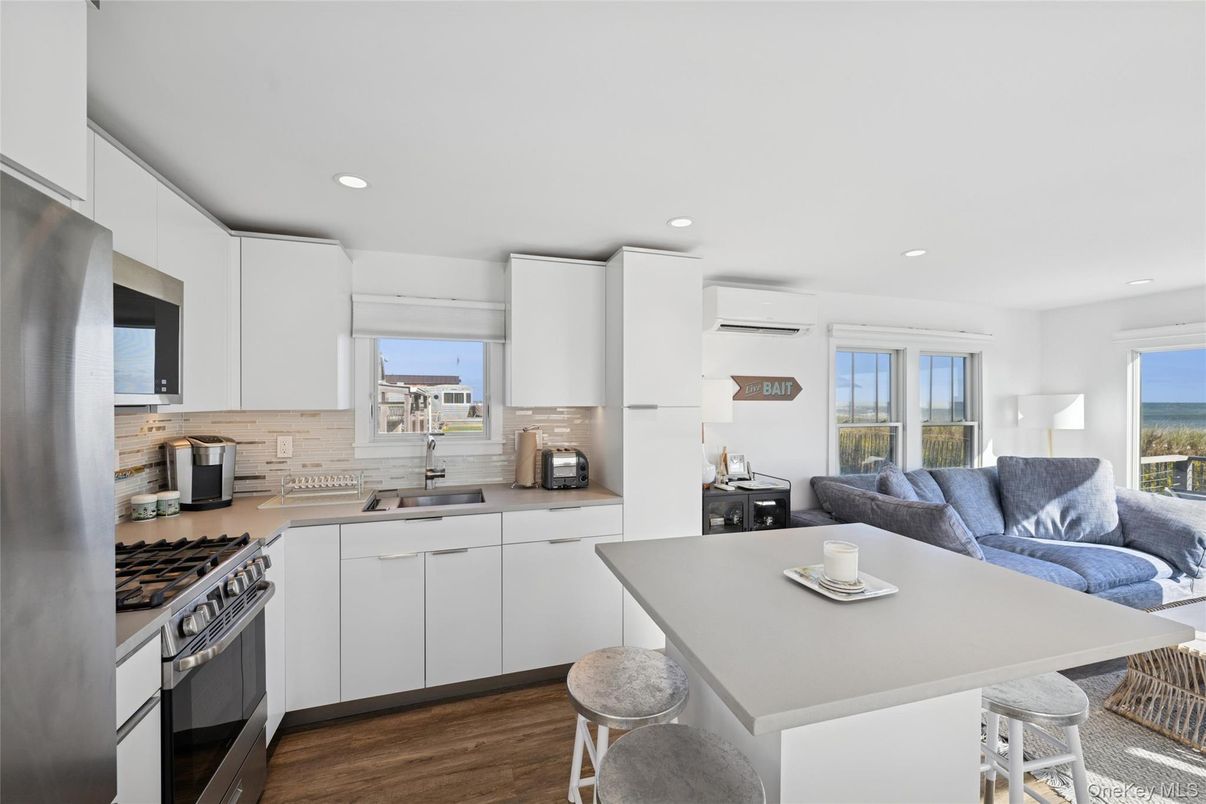 Interior, Kitchen, Living room, Recessed Lighting, Stainless Steel Appliances, Water, Wood Texture Flooring