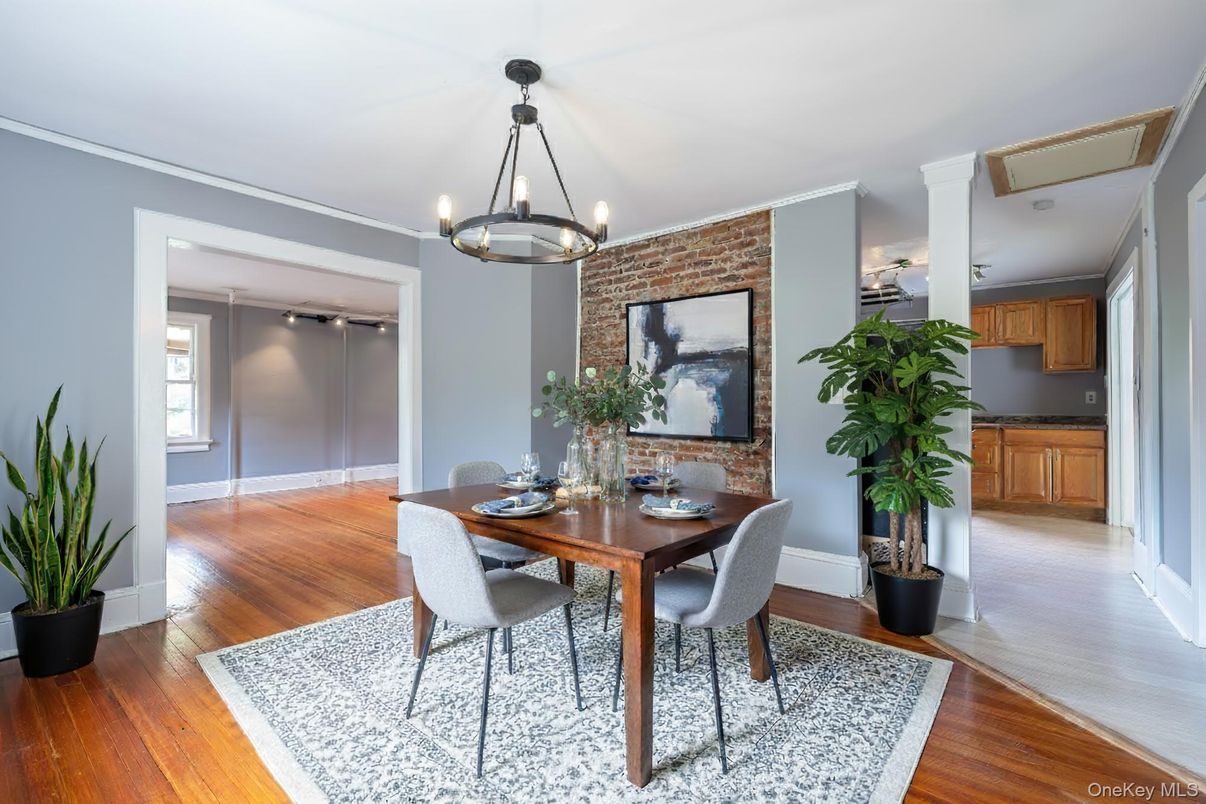 Dining room, Interior, Pendant Lights, Stone Walls, Wood Texture Flooring