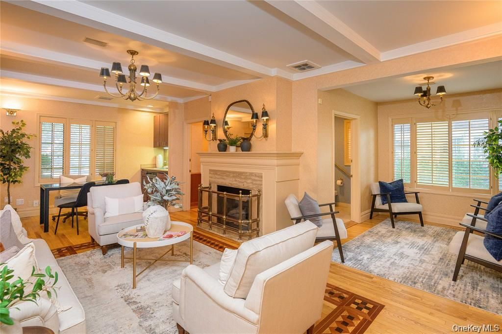 Chandelier, Dining room, Fireplace, Interior, Living room, Wood Texture Flooring