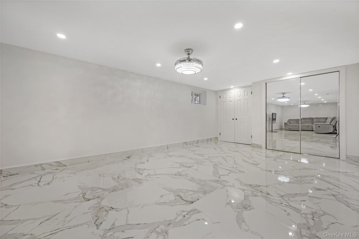 Bathroom, Chandelier, Empty room, Glass Shower, Interior, Marble, Recessed Lighting