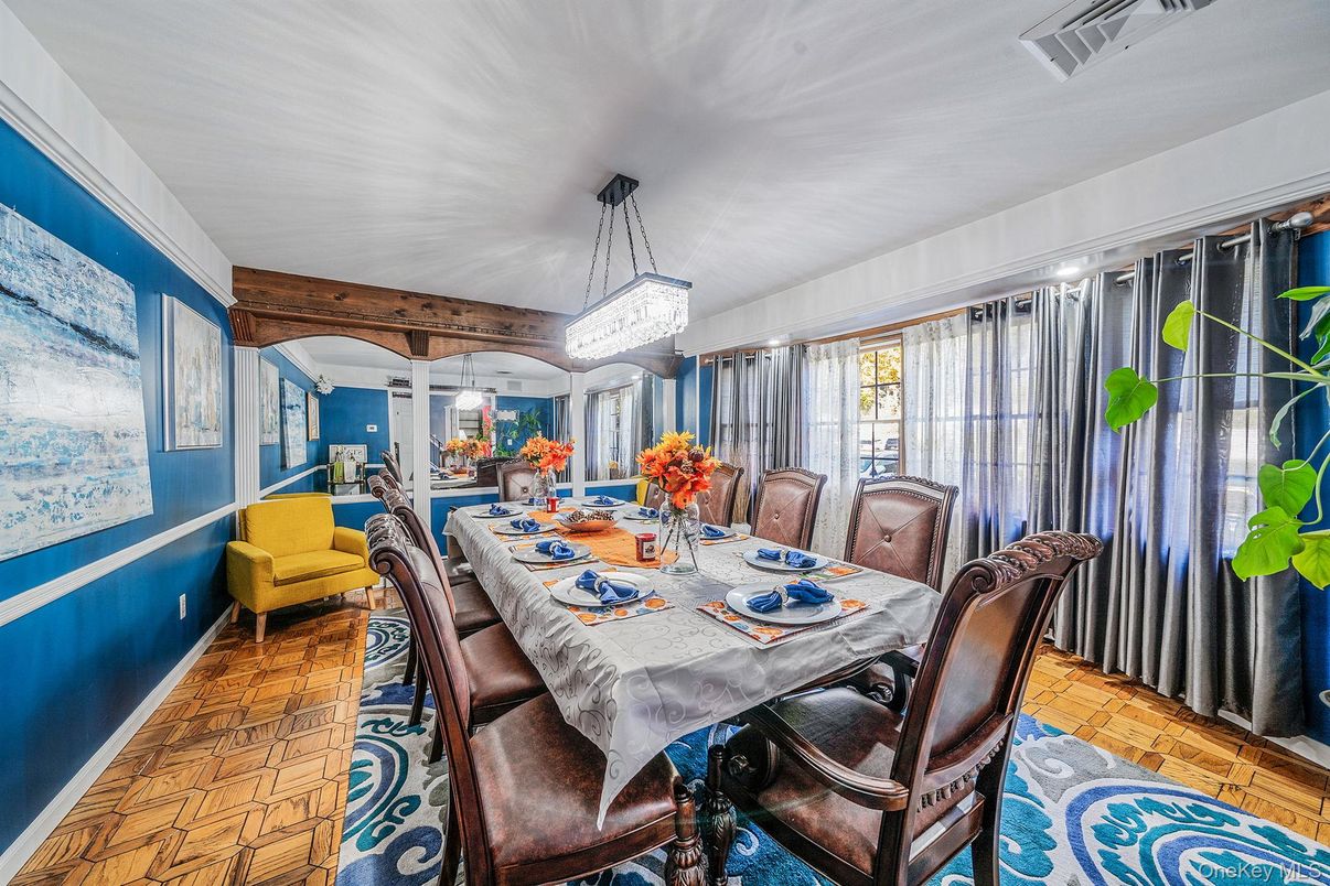 Dining room, Interior, Pendant Lights, Wood Texture Flooring