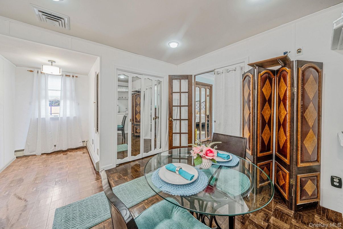 Dining room, Interior, Recessed Lighting, Wood Texture Flooring