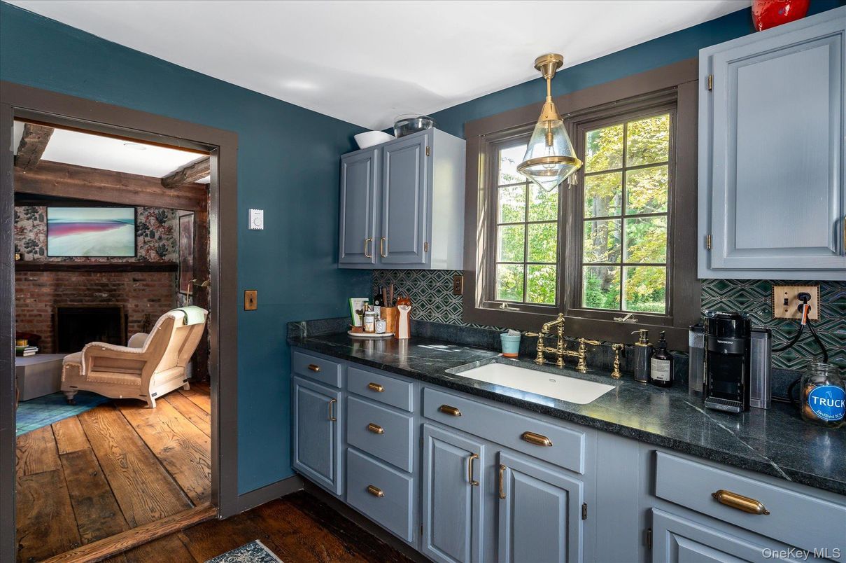 Fireplace, Interior, Kitchen, Pendant Lights, Stone Walls, Wood Texture Flooring