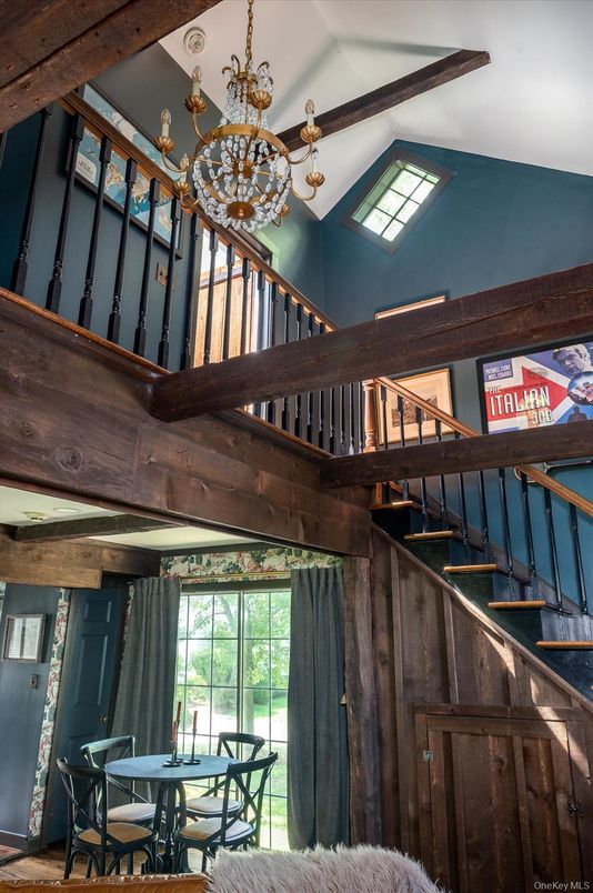 Chandelier, Dining room, Interior, Wooden Beams