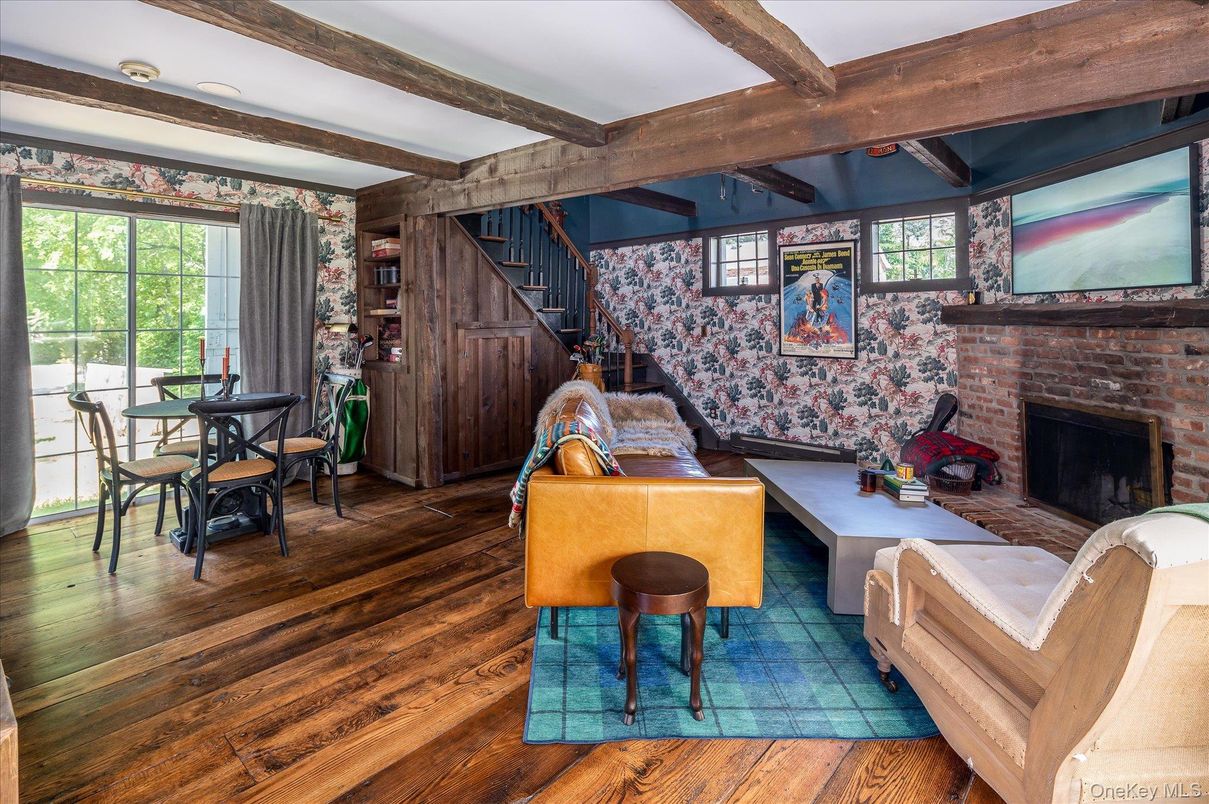 Dining room, Fireplace, Interior, Living room, Wooden Beams, Wood Texture Flooring