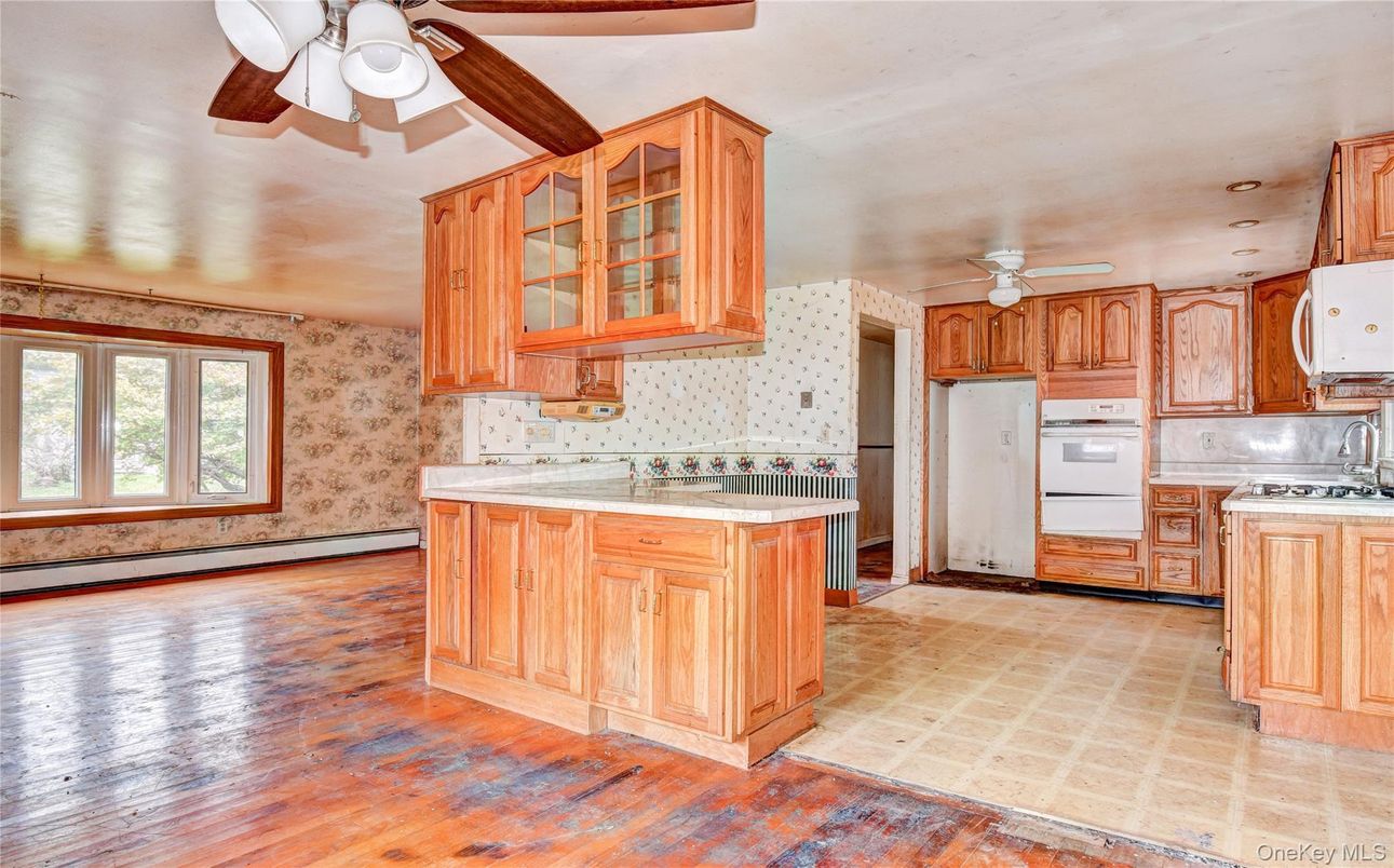 Interior, Kitchen, Tile Countertops, Wood Texture Flooring