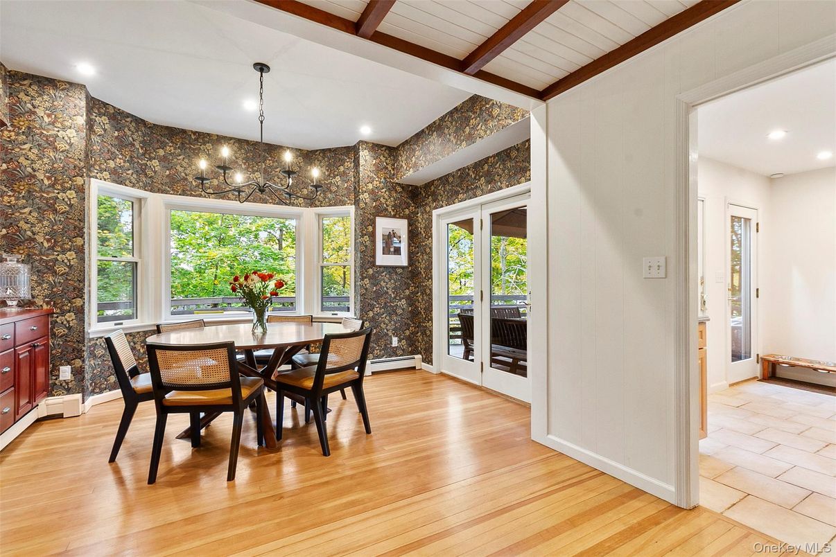 Chandelier, Dining room, Interior, Recessed Lighting, Wooden Beams, Wood Texture Flooring