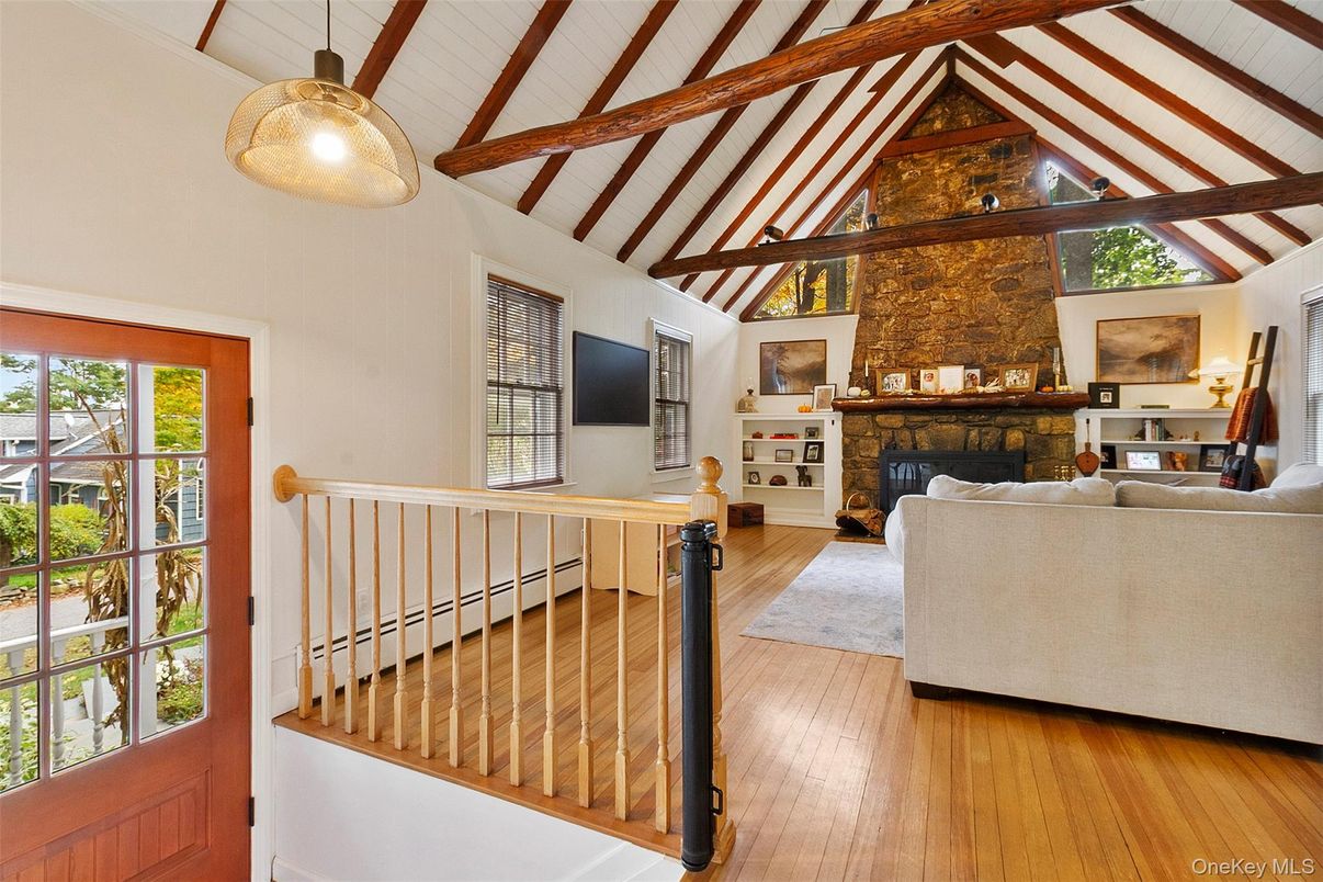 Fireplace, Interior, Living room, Pendant Lights, Wooden Beams, Wood Texture Flooring