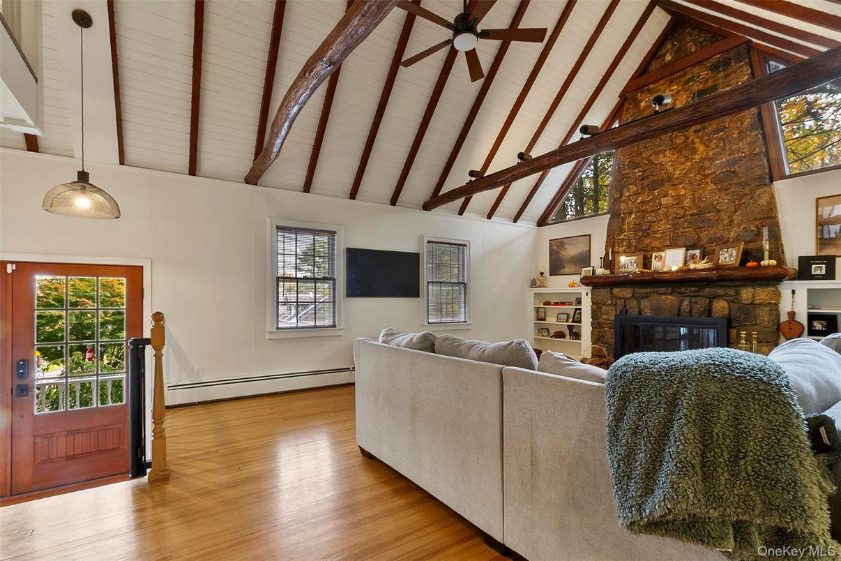 Fireplace, Interior, Living room, Pendant Lights, Wooden Beams, Wood Texture Flooring