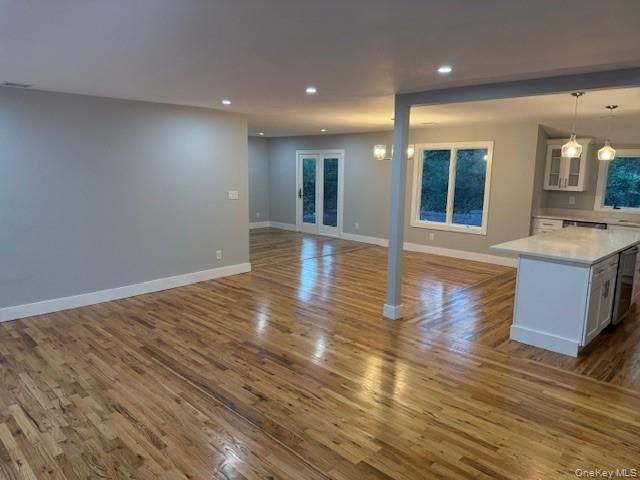 Empty room, Interior, Kitchen, Pendant Lights, Recessed Lighting, Wood Texture Flooring