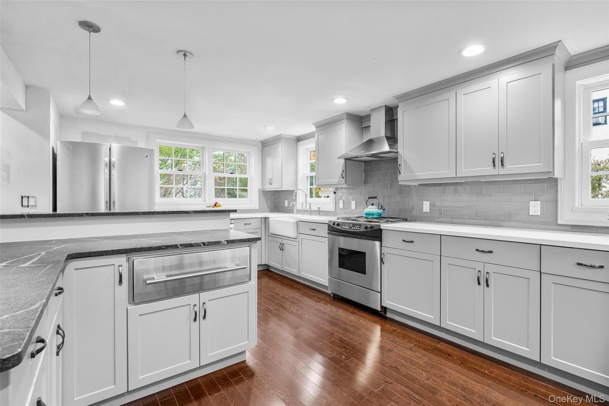 Interior, Kitchen, Pendant Lights, Recessed Lighting, Stainless Steel Appliances, Wood Texture Flooring