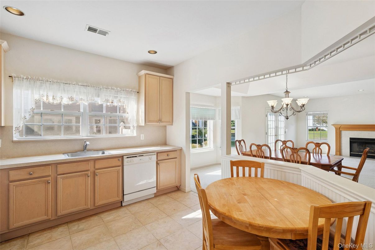 Chandelier, Dining room, Fireplace, Interior, Kitchen, Recessed Lighting