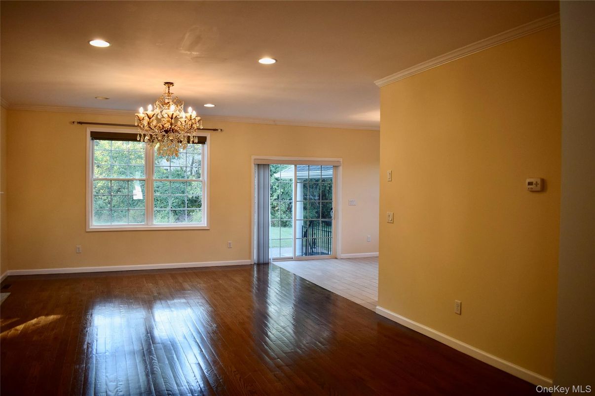 Chandelier, Empty room, Interior, Recessed Lighting, Wood Texture Flooring