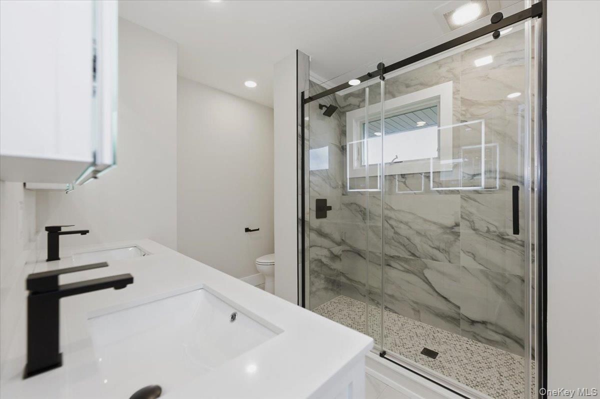 Bathroom, Glass Shower, Interior, Marble Walls, Recessed Lighting