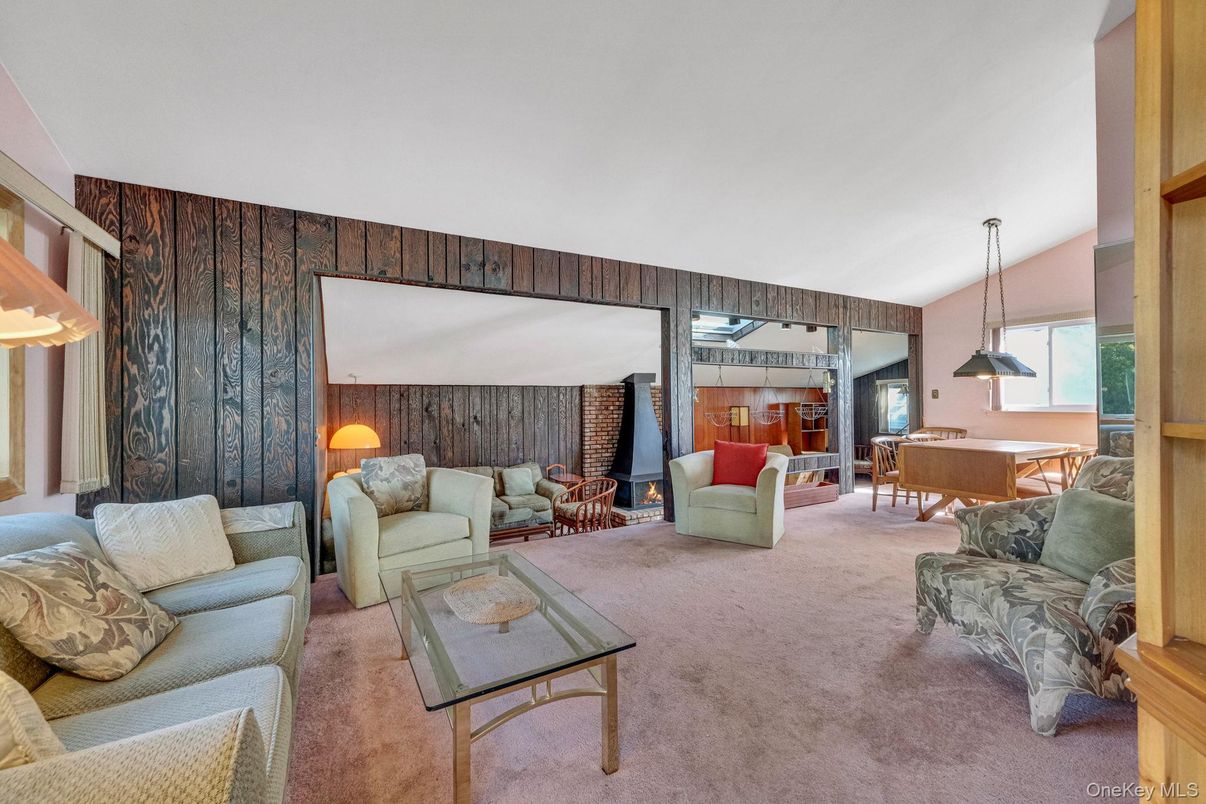 Dining room, Fireplace, Interior, Living room, Pendant Lights, Wooden Walls