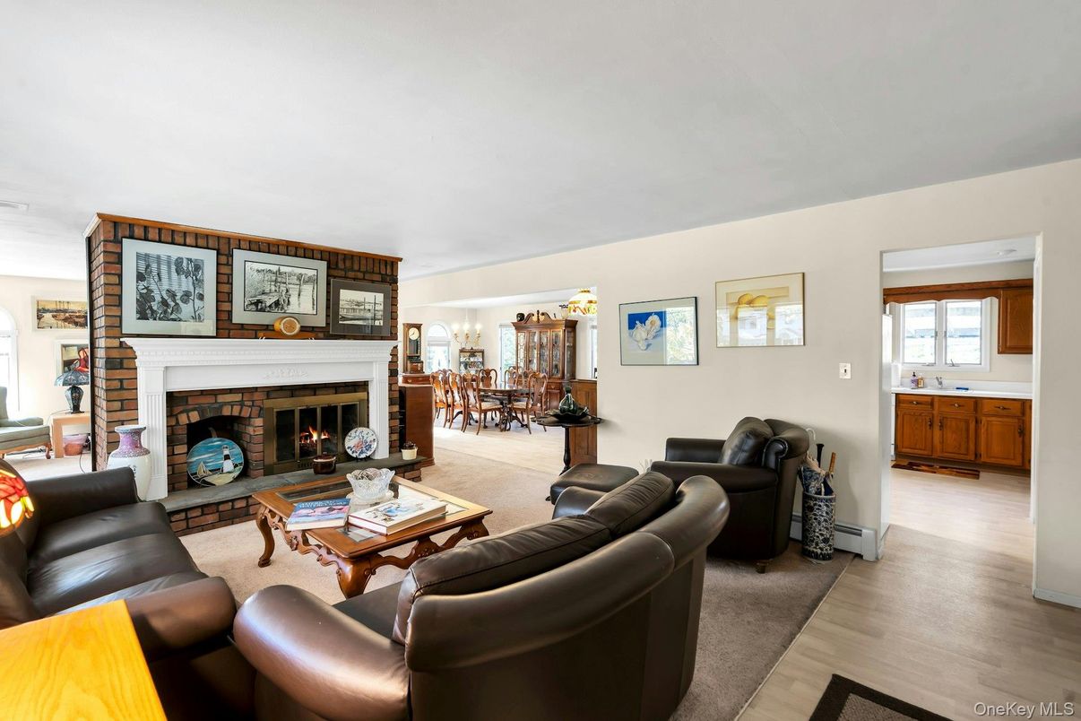 Dining room, Fireplace, Interior, Living room, Pendant Lights, Wood Texture Flooring