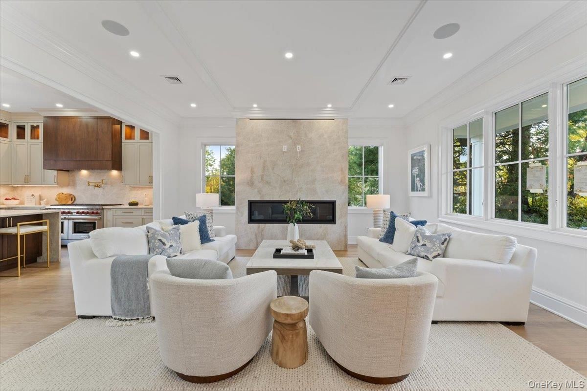 Fireplace, Interior, Kitchen, Living room, Recessed Lighting, Wood Texture Flooring