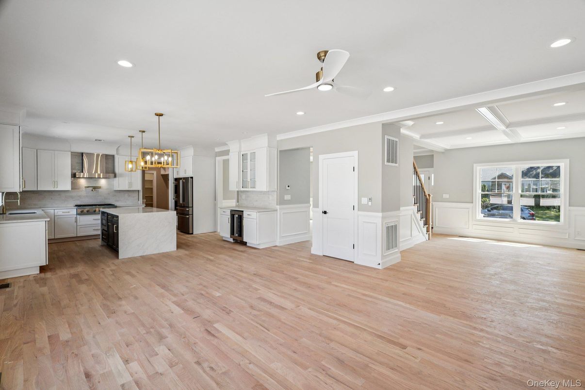 Empty room, Interior, Kitchen, Pendant Lights, Recessed Lighting, Wood Texture Flooring