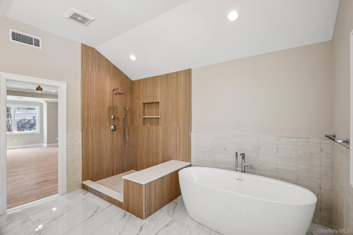 Bathroom, Free Standing Baths, Interior, Marble, Recessed Lighting, Wooden Walls