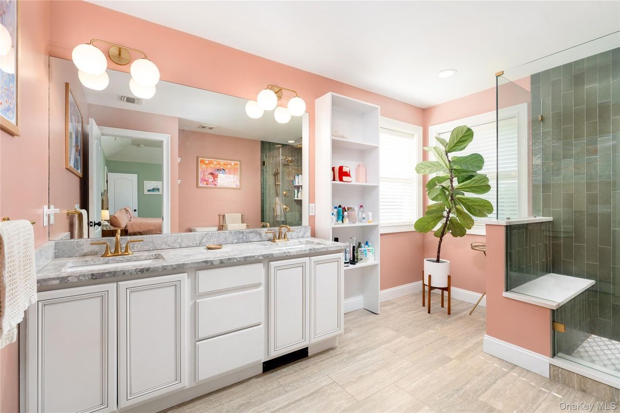 Bathroom, Dual Sink Vanities, Glass Shower, Interior, Recessed Lighting, Wood Texture Flooring