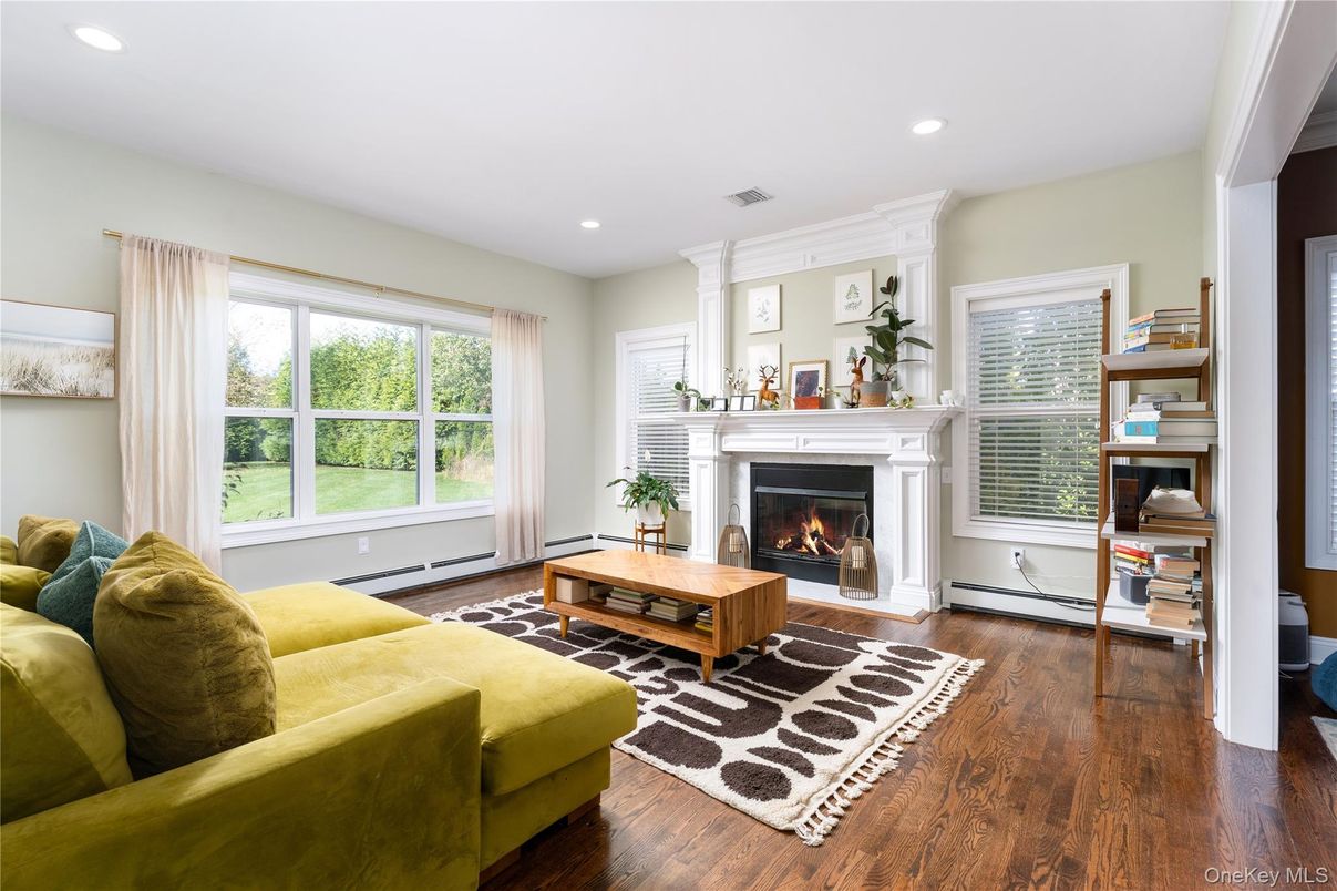 Fireplace, Interior, Living room, Recessed Lighting, Wood Texture Flooring