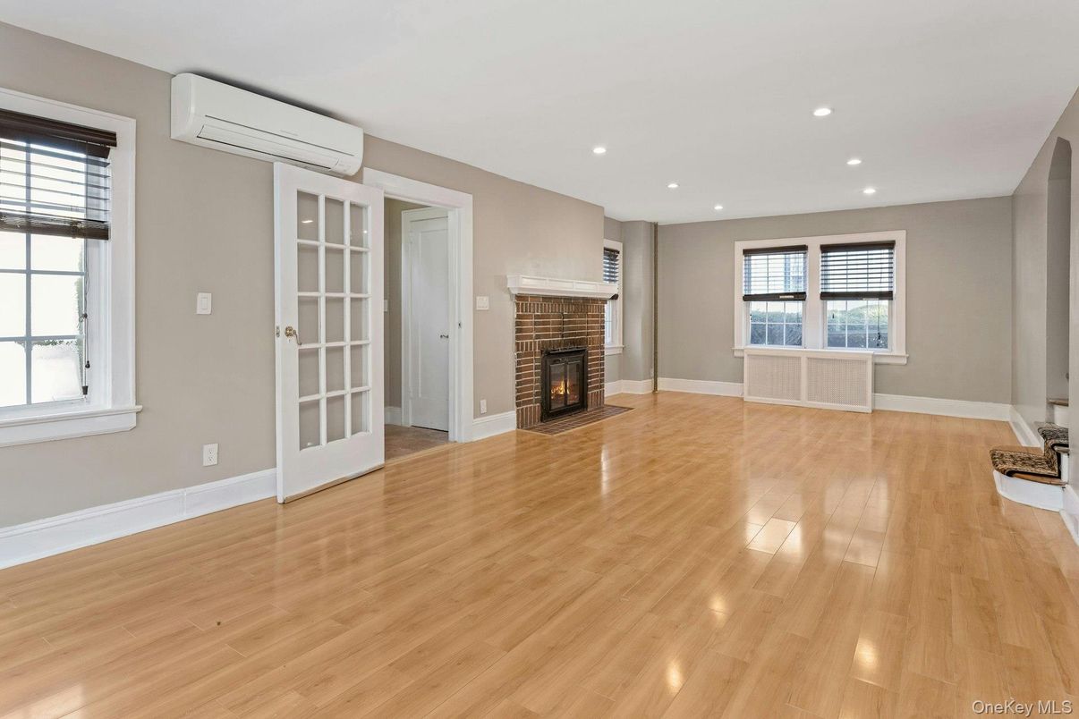 Empty room, Fireplace, Interior, Recessed Lighting, Wood Texture Flooring
