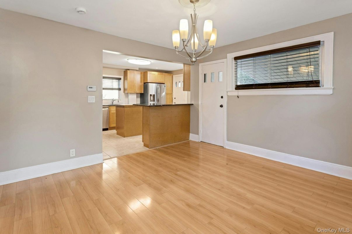Chandelier, Empty room, Interior, Kitchen, Stainless Steel Appliances, Wood Texture Flooring