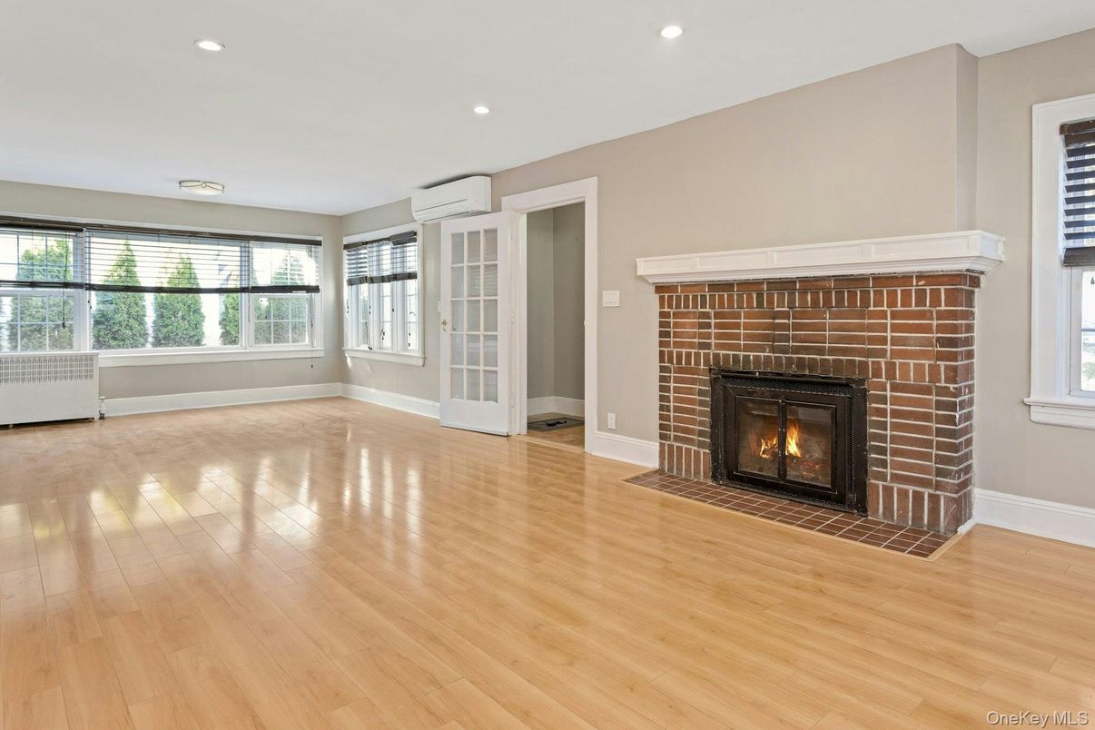 Empty room, Fireplace, Interior, Recessed Lighting, Wood Texture Flooring