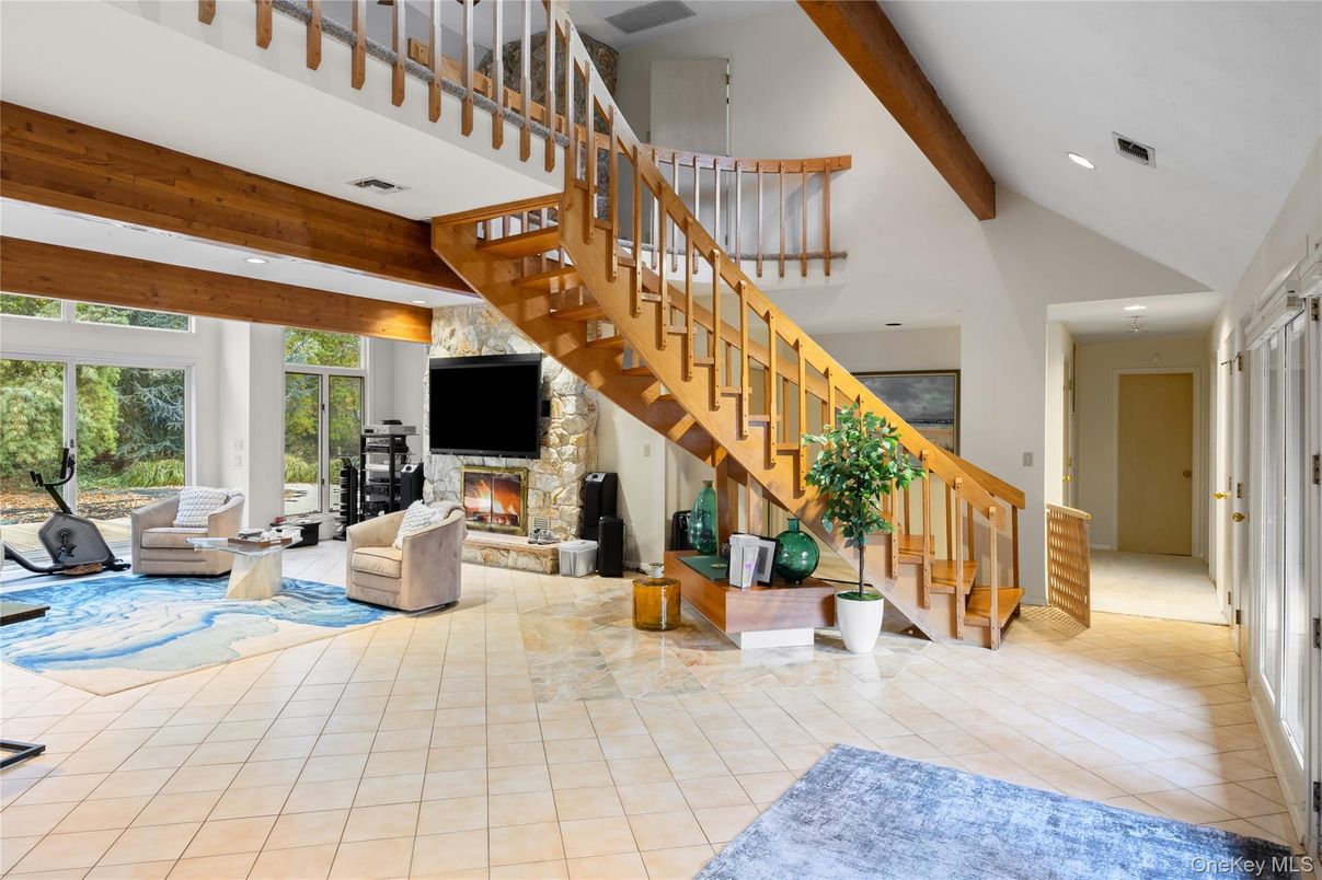 Fireplace, Interior, Living room, Recessed Lighting, Wooden Beams