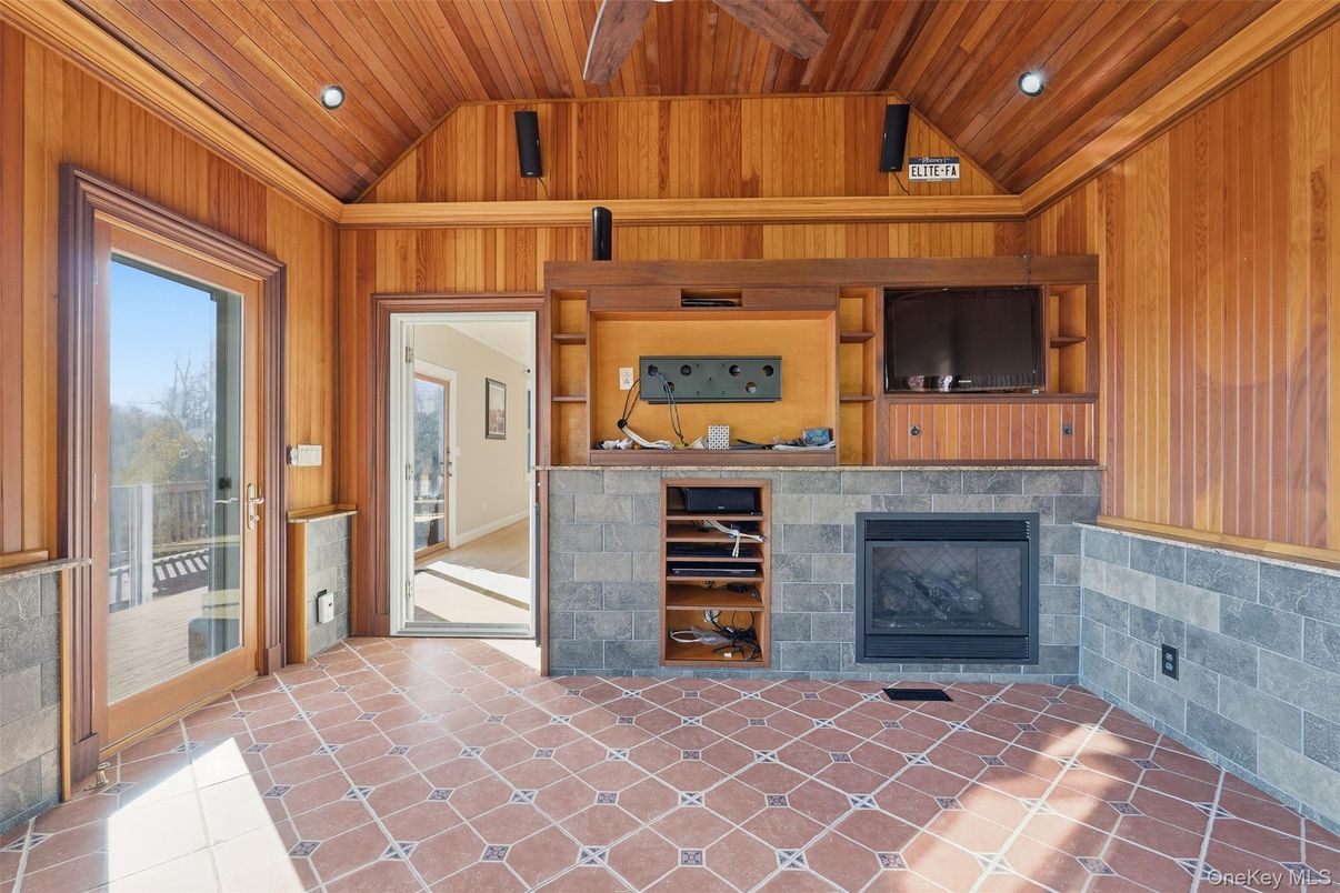 Empty room, Fireplace, Interior, Recessed Lighting, Wooden Ceilings, Wooden Walls