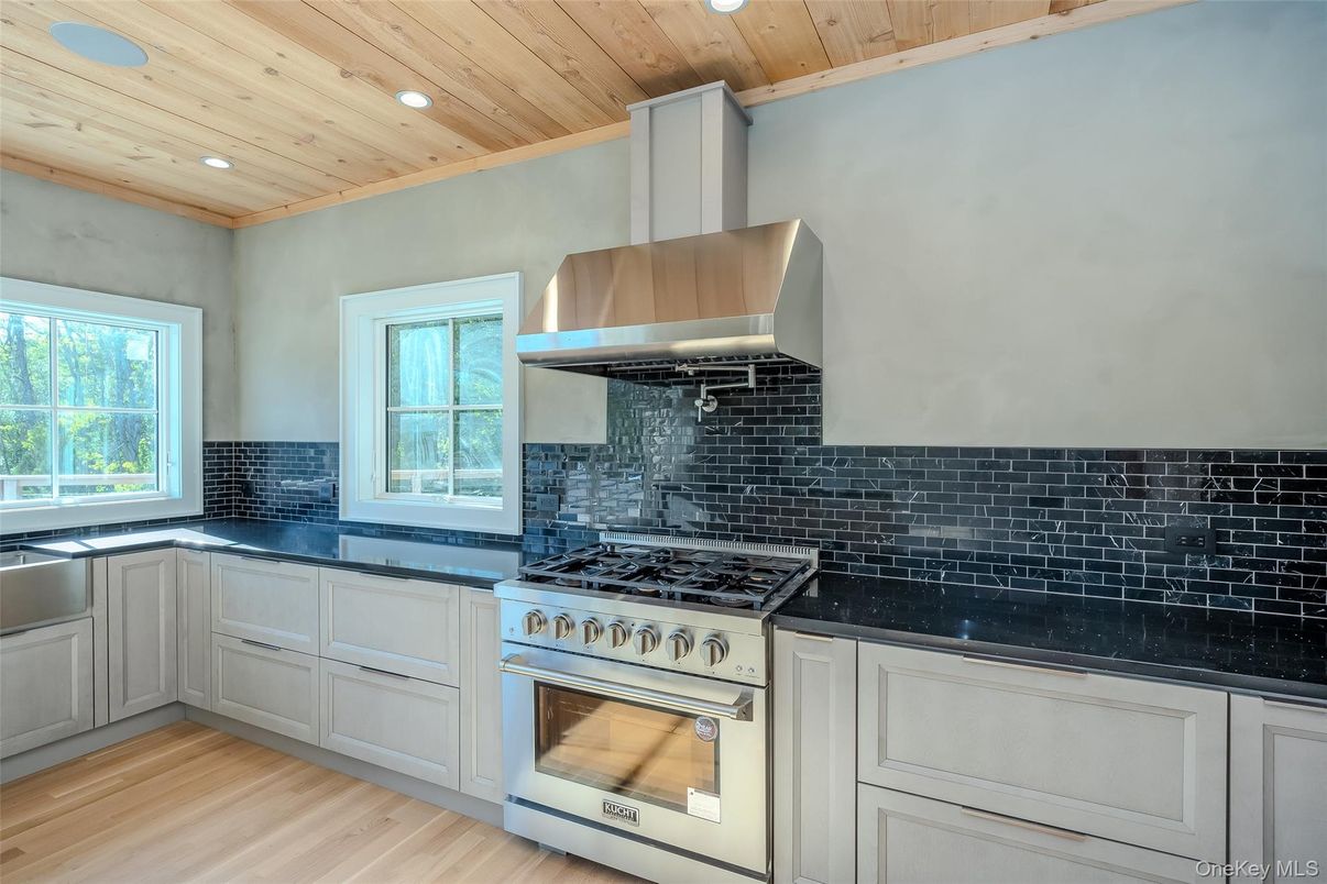 Interior, Kitchen, Recessed Lighting, Stainless Steel Appliances, Wooden Ceilings, Wood Texture Flooring