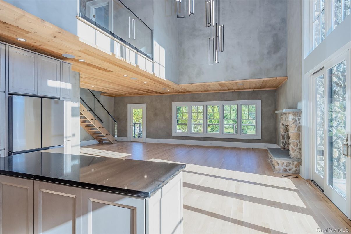 Fireplace, Interior, Kitchen, Recessed Lighting, Wooden Ceilings, Wood Texture Flooring