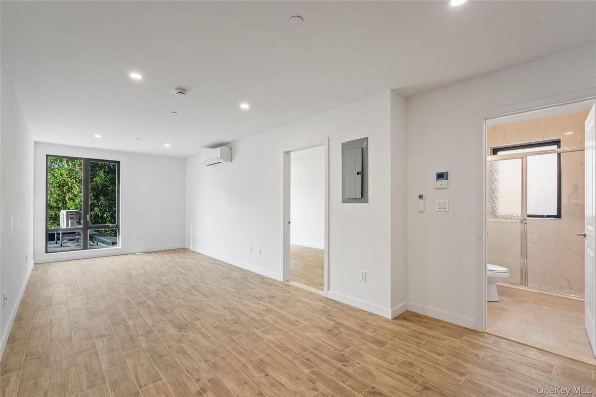 Bathroom, Empty room, Interior, Recessed Lighting, Wood Texture Flooring
