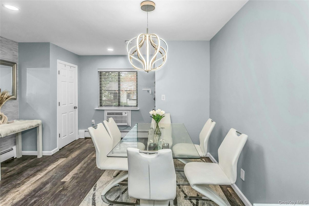 Dining room, Interior, Pendant Lights, Recessed Lighting, Wood Texture Flooring