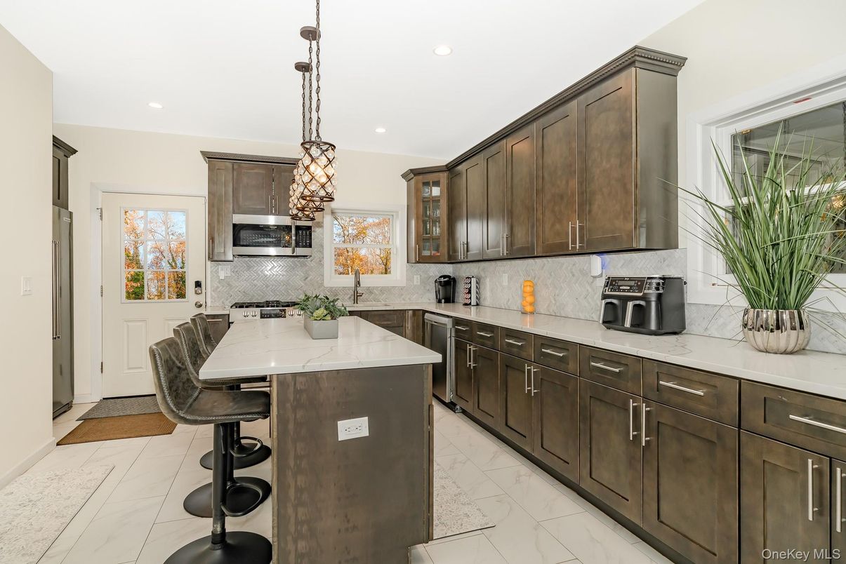 Interior, Kitchen, Marble, Pendant Lights, Recessed Lighting, Stainless Steel Appliances