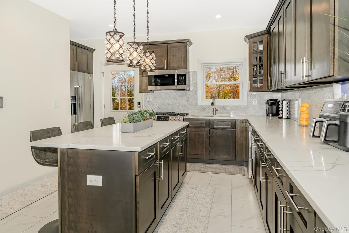 Interior, Kitchen, Marble, Pendant Lights, Recessed Lighting, Stainless Steel Appliances