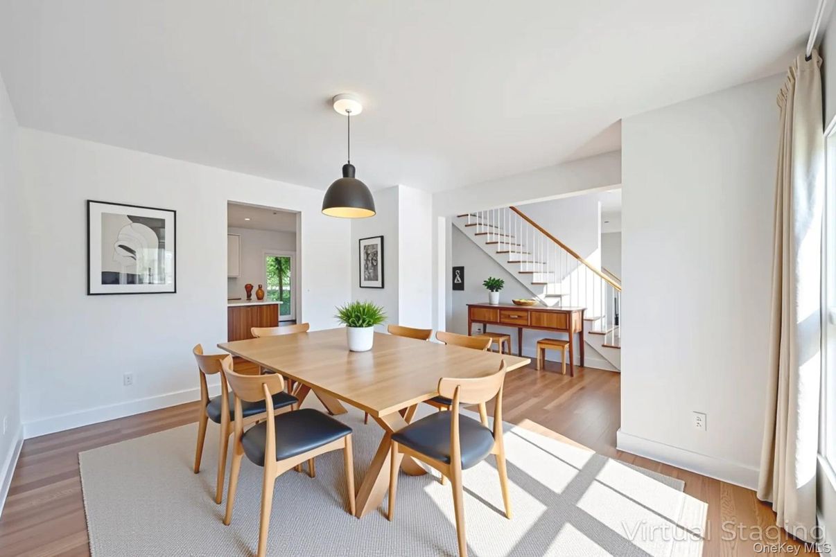 Dining room, Interior, Pendant Lights, Wood Texture Flooring