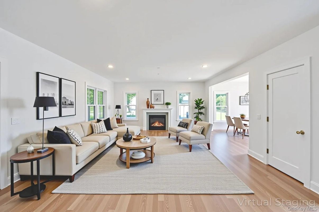 Fireplace, Interior, Living room, Recessed Lighting, Wood Texture Flooring