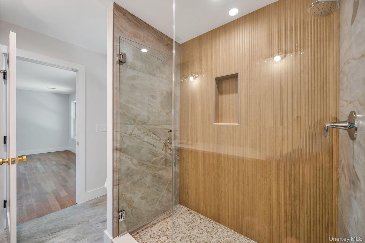 Bathroom, Glass Shower, Interior, Recessed Lighting, Wood Texture Flooring