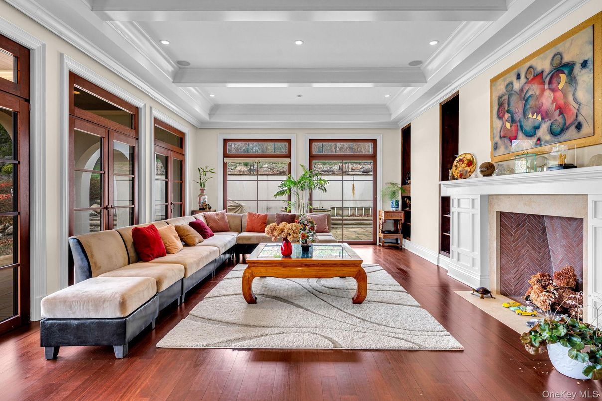 Fireplace, Interior, Living room, Recessed Lighting, Wood Texture Flooring