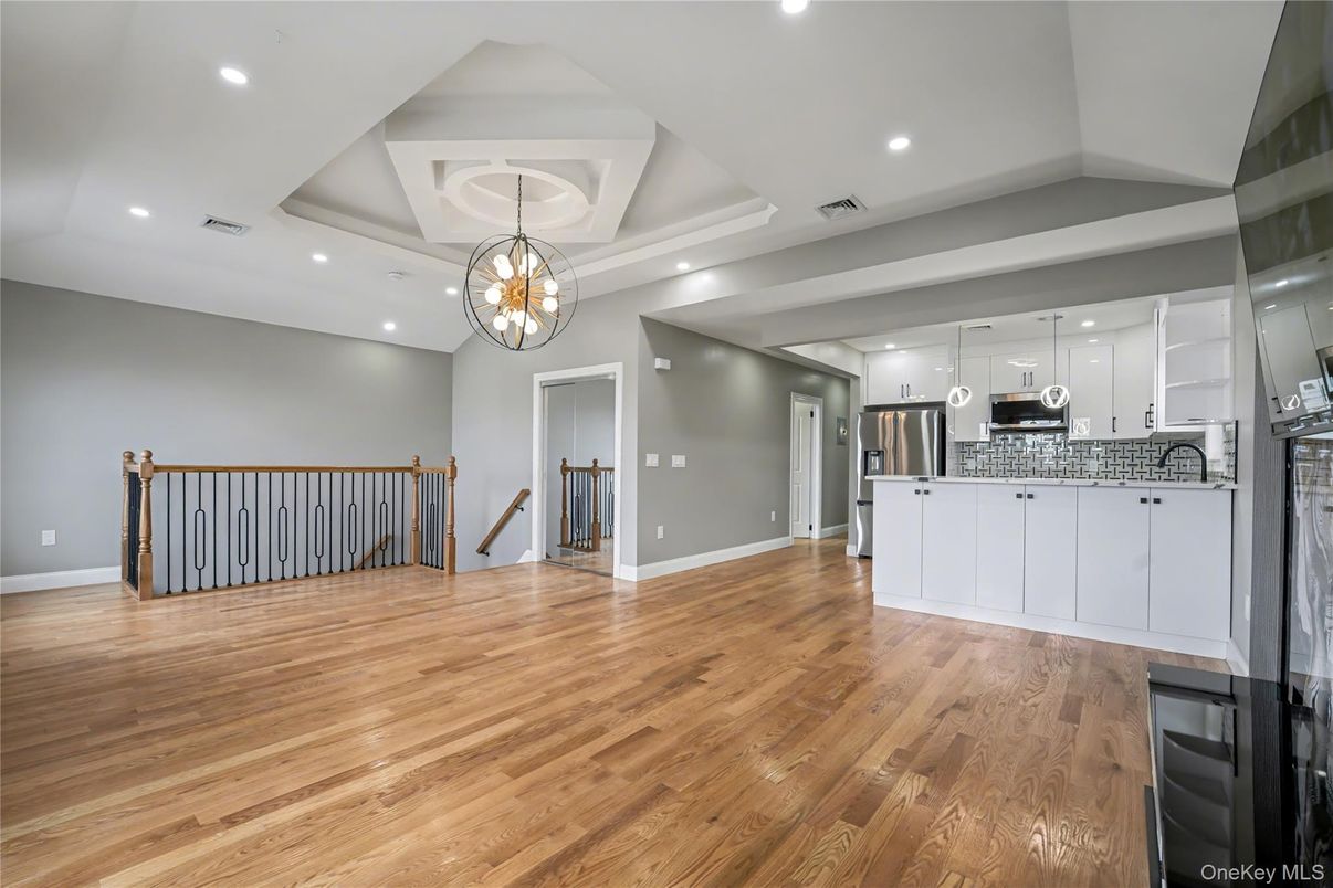 Chandelier, Interior, Kitchen, Pendant Lights, Recessed Lighting, Stainless Steel Appliances, Wood Texture Flooring